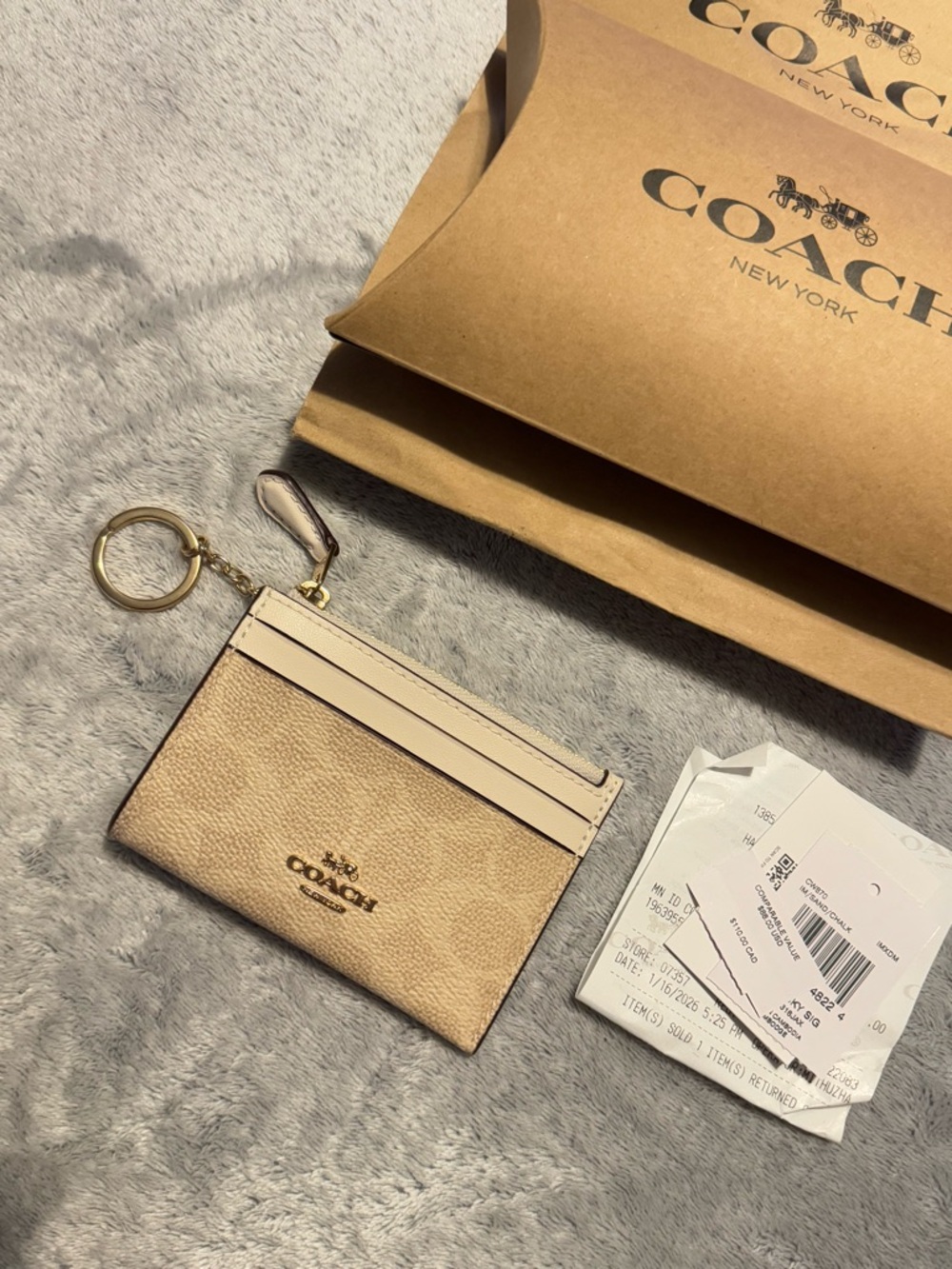 COACH Leather Card Case Keychain in Light Beige